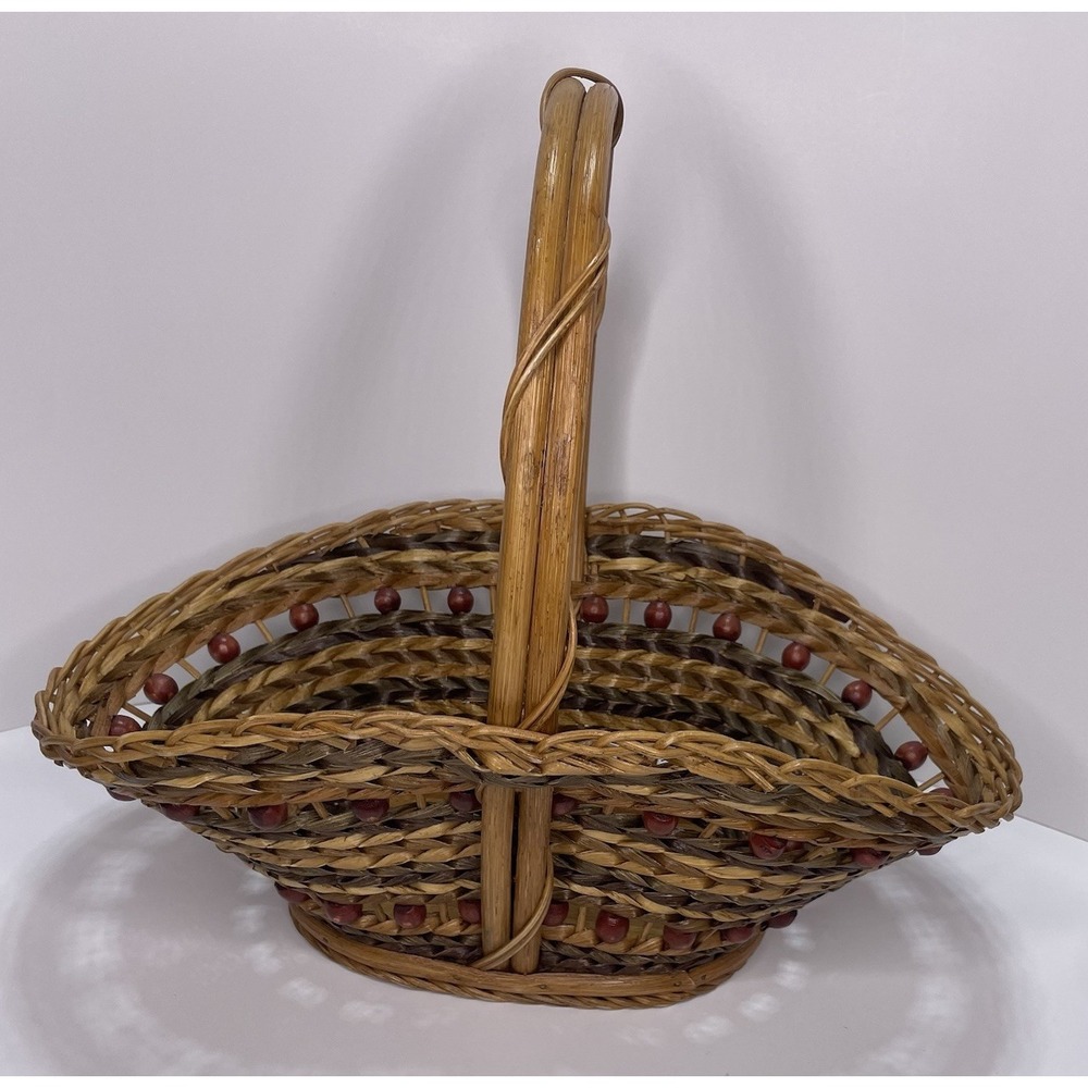 Large Vtg Willow Wicker Wood Bead Basket Handmade‎ Rattan 16.5x10.5" Phillipines